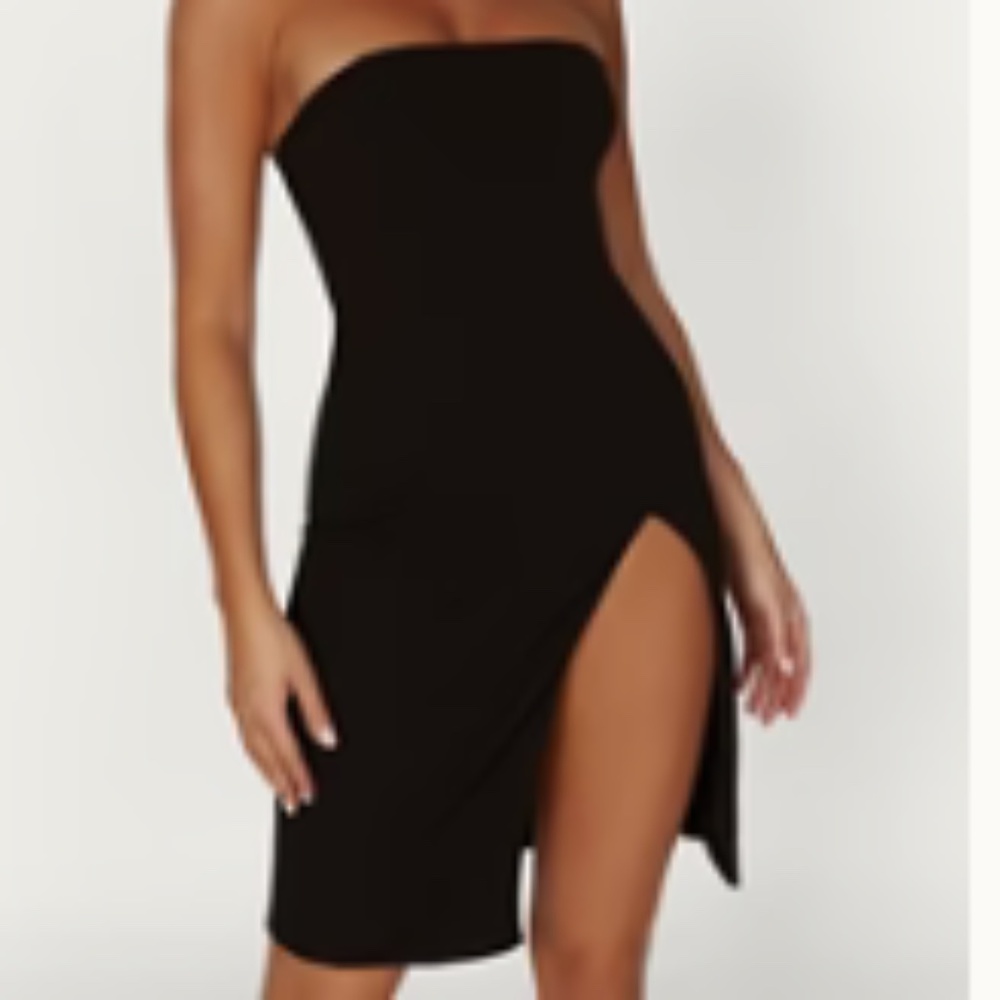 Rachel Crepe Bandeau Thigh Split Mini Dress - Black